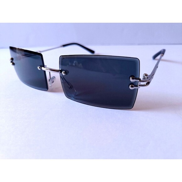Rimless Rectangular Sunglasses Dark Blue Unisex Metal Frame - Picture 5 of 7